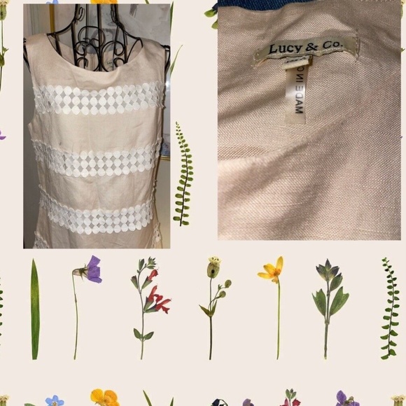 LUCY & CO., BEIGE SHIFT DRESS W/WHITE EYELET DETAILING~SLEEVELESS~US SMALL - Picture 3 of 3